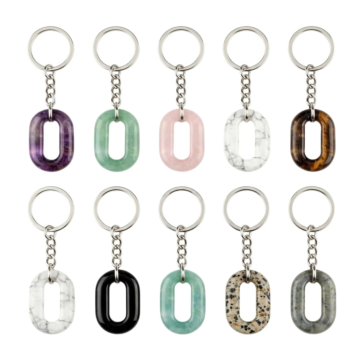 Minimalist Oval Hollow Crystal Keychain, Natural Gemstone Geometric O-Shape Loop Key Ring, Vintage Stone Car Key Charm Accessory for Men & Women