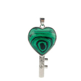 Silver Bezel Heart Natural Stone Key Pendant, Rhinestone Inlaid Chakra Gem Key Charm for DIY Necklace Jewelry Making