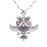 Vintage Silver Plated Owl Pendant Natural Round Gemstone Stone Wisdom Owl Charm Chakra Reiki Healing Crystal Pendant for Necklace DIY Jewelry