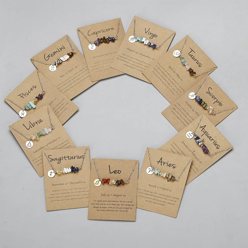 Zodiac Sign Crystal Necklace | Irregular Gravel Stone Pendant with Constellation Card for Women
