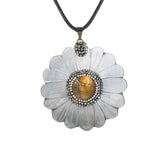 Mother of Pearl Daisy Flower Pendant Necklace, Natural Shell Carved Floral Crystal Center Black Wax Cord Boho Jewelry