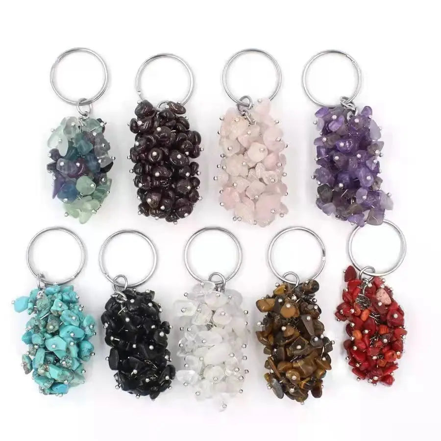 Chakra Gemstone Grape Pendant Keychain Healing Crystals Tumbled Stone Beads Keyring for Couple Best Friend Family