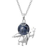 Angel Holding Natural Crystal Ball Pendant Necklace, Silver‑Plated Metal Angel Figurine Spherical Gemstone Charm Reiki Healing Spiritual Jewelry for Women Gift