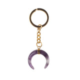 Natural Stone Crescent Moon Keychain, Gold Plated Double Horn Gemstone Key Ring Charm, Boho Witchy Spiritual Bag Pendant for Women