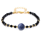 4mm Faceted Black Crystal Beaded Bracelet with 10mm Natural Stone Center Bead Gold Plated Adjustable Extension Chain Chakra Healing Bracelet for Women