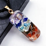 Orgone 7 Chakra Pendant Necklace, Resin Mixed Crystal Chips Reiki Symbol Wire Wrapped Energy Orgonite Pendant, Healing Meditation Jewelry with Black Wax Rope Chain