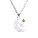 Vintage Stainless Steel Fairy on Moon Pendant Necklace - Natural Amethyst Stone Celestial Jewelry - Whimsical Angel Necklace for Women