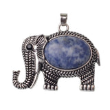 Retro Hollow Pattern Elephant Natural Stone Pendant, Vintage Alloy Lucky Elephant Charm, Healing Crystal Reiki Meditation Amulet for Handmade Necklace