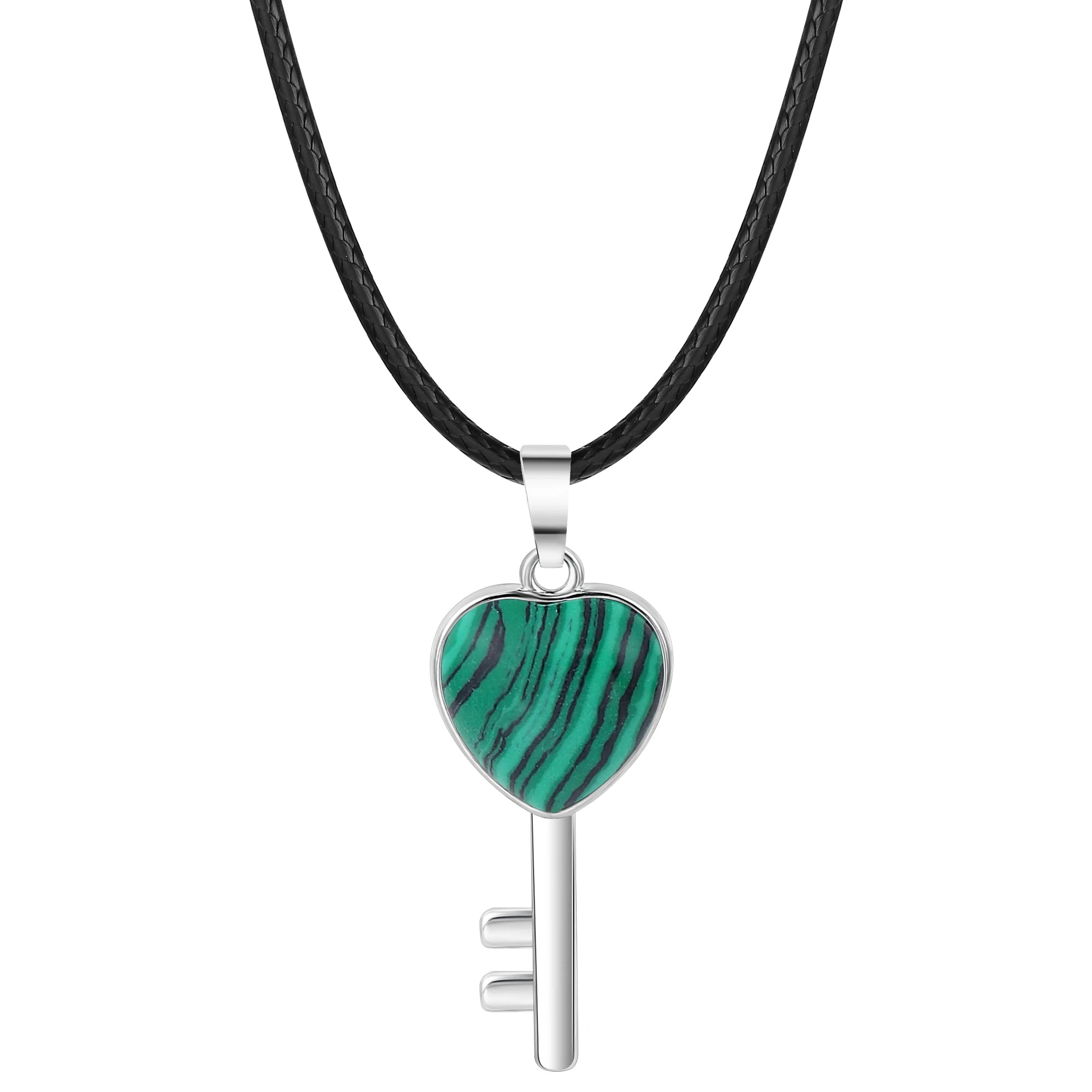 Natural Stone Heart Key Pendant Necklace, Silver Frame Gemstone Charm with Snake Chain for Women Jewelry Making