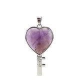 Silver Bezel Heart Natural Stone Key Pendant, Rhinestone Inlaid Chakra Gem Key Charm for DIY Necklace Jewelry Making