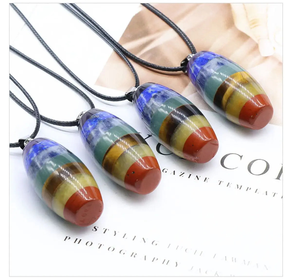 7 Chakra Layered Drum Shaped Natural Gemstone Pendant, Rainbow Bonded Healing Crystal Necklace & Divination Pendulum with Black Rope Cord