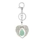 Silver Angel Wings Heart Keyring - Natural Stone Teardrop Crystal Keychain for Purse, Backpack, Handbag, Car Keys