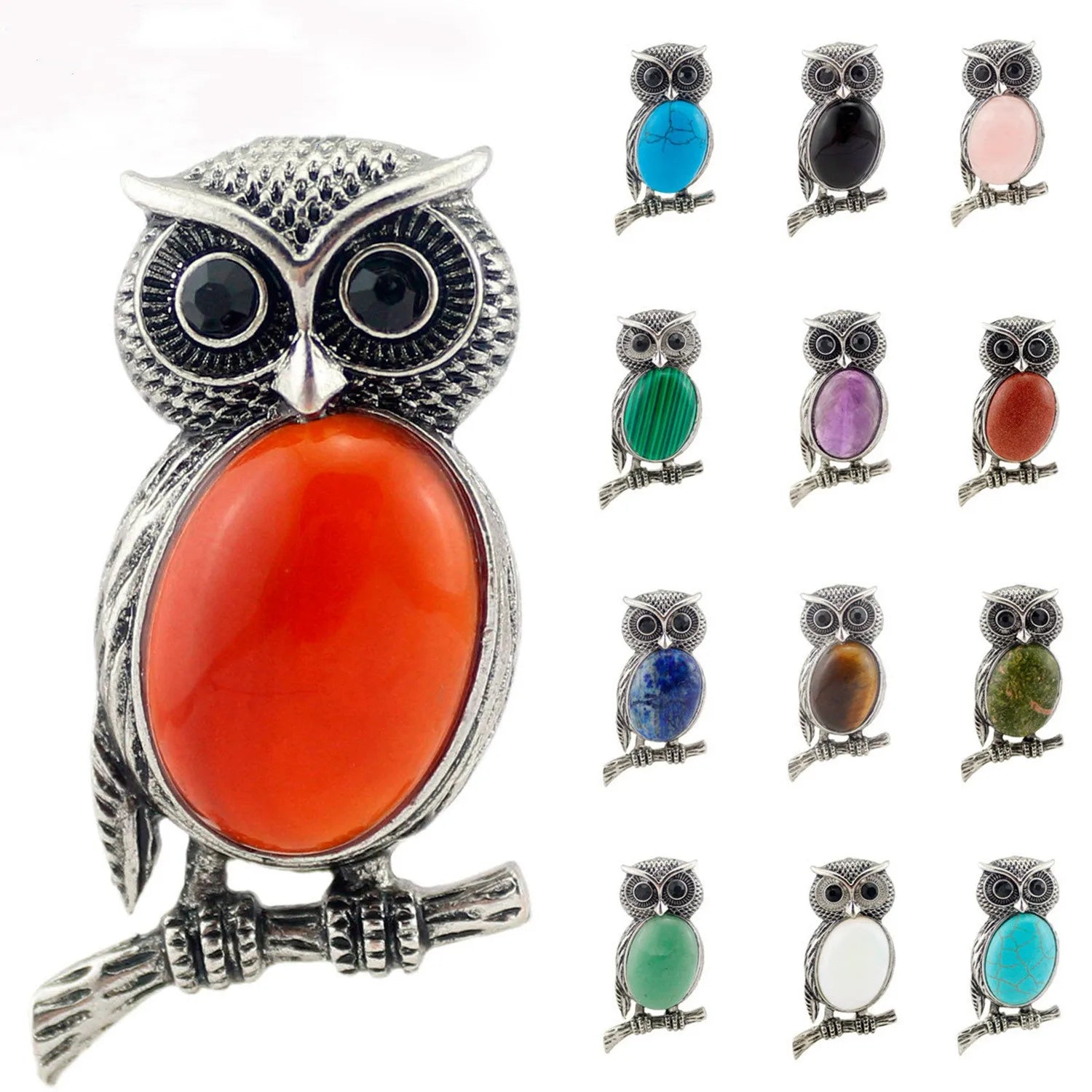 Antique Silver Owl On Branch Natural Gemstone Pendant Oval Chakra Healing Crystal Owl Charm for DIY Necklace Jewelry Making