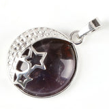 Moon & Star Celestial Natural Gemstone Round Pendant, Silver‑Tone Hollow Star Crescent Moon Frame Crystal Stone Charm for Handmade Necklaces