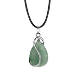 Polished Teardrop Natural Crystal Stone Necklace, Silver Wire Wrapped Gem Pendant with Wax Cord Multi‑Color Variants Chakra Reiki Meditation Neck Jewelry