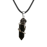 Vintage Rose Wrapped Crystal Pendant Necklace • Hexagonal Bullet Stone Charm • Boho Black Cord Healing Quartz Spiritual Jewelry