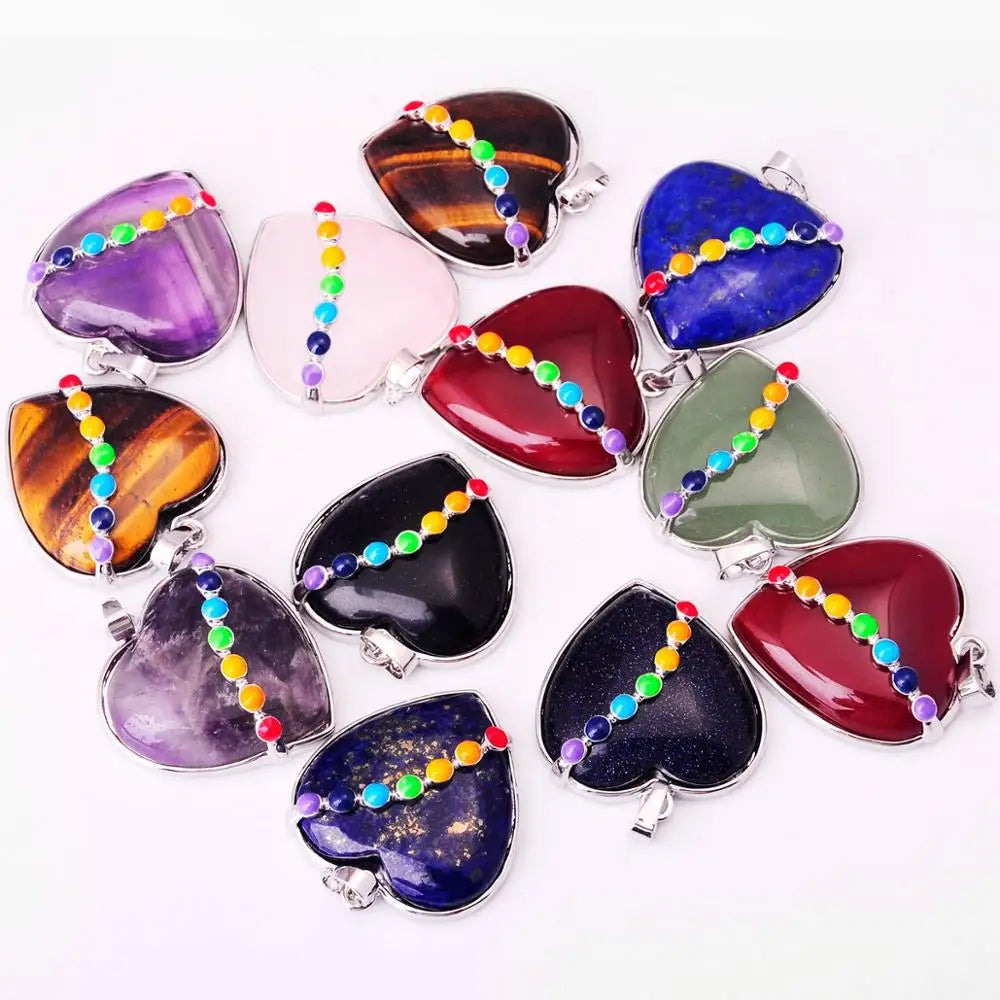 Rainbow 7 Chakra Inlaid Heart Gem Pendant Necklace, Spiritual Energy Balance Crystal Jewelry Gift