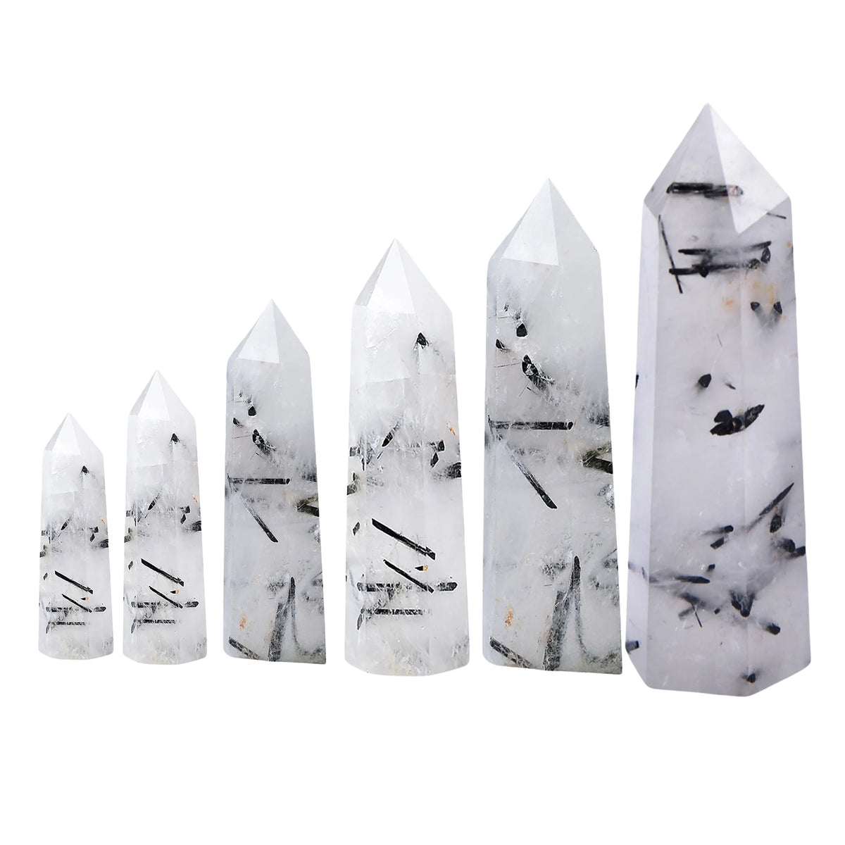 Natural Black Tourmaline Rutilated Quartz Crystal Point Tower Polished Hexagonal Obelisk Wand for Home Decor Meditation Crystal Collection Gift