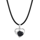 Natural Crystal Hollow Heart Pendant Necklace, Gemstone Charm with Black Rope for Women