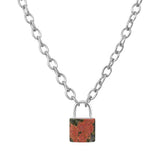 Natural Healing Crystal Lock Pendant Necklace, 20-inch Alloy Chain Chakra Gemstone Jewelry