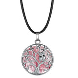 Owl Family Tree of Life Gemstone Necklace – 30mm Round Natural Stone Pendant with 18-Inch Leather Cord
