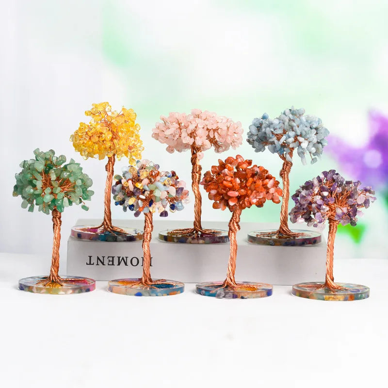 Handmade Natural Crystal Agate Tree Resin Base Figurine Engraving Rose Quartz Small Home Ornament Good Luck Love Christmas