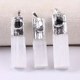 Natural Selenite & Raw Amethyst Pendant | Gold Plated Gypsum Strip Charm for Unisex Crystal Jewelry