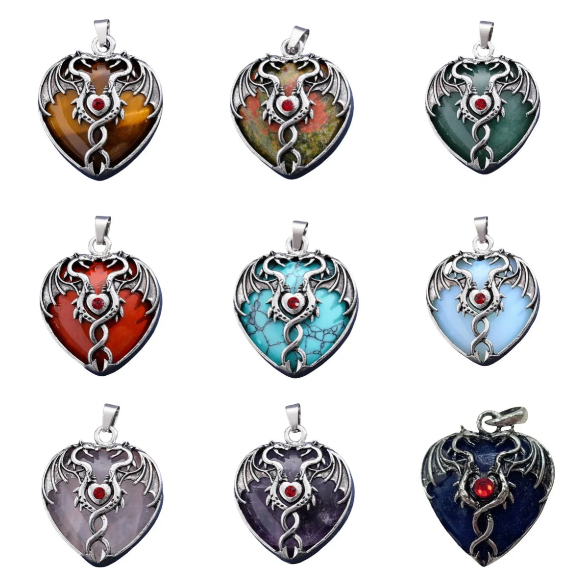 32×42mm Antique Silver Dragon Heart Pendant | Natural Gemstone Gothic Charm for DIY Jewelry