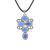 5 Stones Oval Crystal Scroll Wire Pendant Necklace, Silver Swirl Frame Natural Gemstone Black Wax Cord Boho Chakra Jewelry