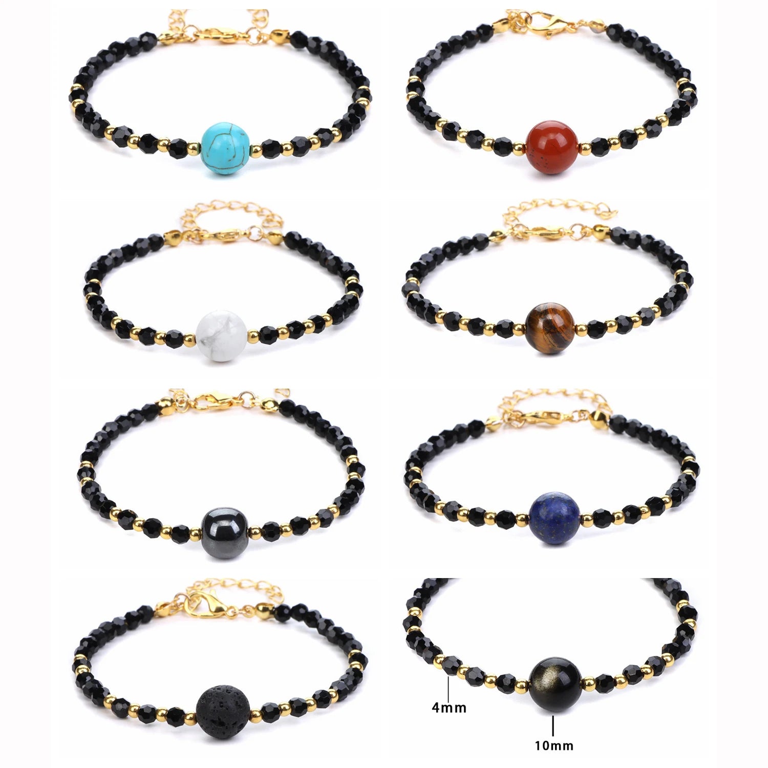4mm Faceted Black Crystal Beaded Bracelet with 10mm Natural Stone Center Bead Gold Plated Adjustable Extension Chain Chakra Healing Bracelet for Women