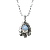 Gothic Flame Skull Pendant Necklace • Stainless Steel Ball Chain with Natural Gemstone Ball • Punk Hip Hop Skeleton Rocker Jewelry for Men Women