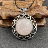 Vintage Six-Pointed Star Openwork Pendant Inlaid Natural Gemstone, Abalone Shell Tiger Eye Rose Quartz Cabochon Antique Silver Spiritual Crystal Necklace for Women