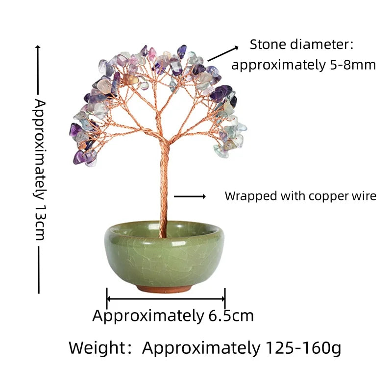 Handmade Fan-Shaped Crystal Tree | Natural Gemstone Copper Wire Ornament in Ceramic Bowl for Home & Office Decor