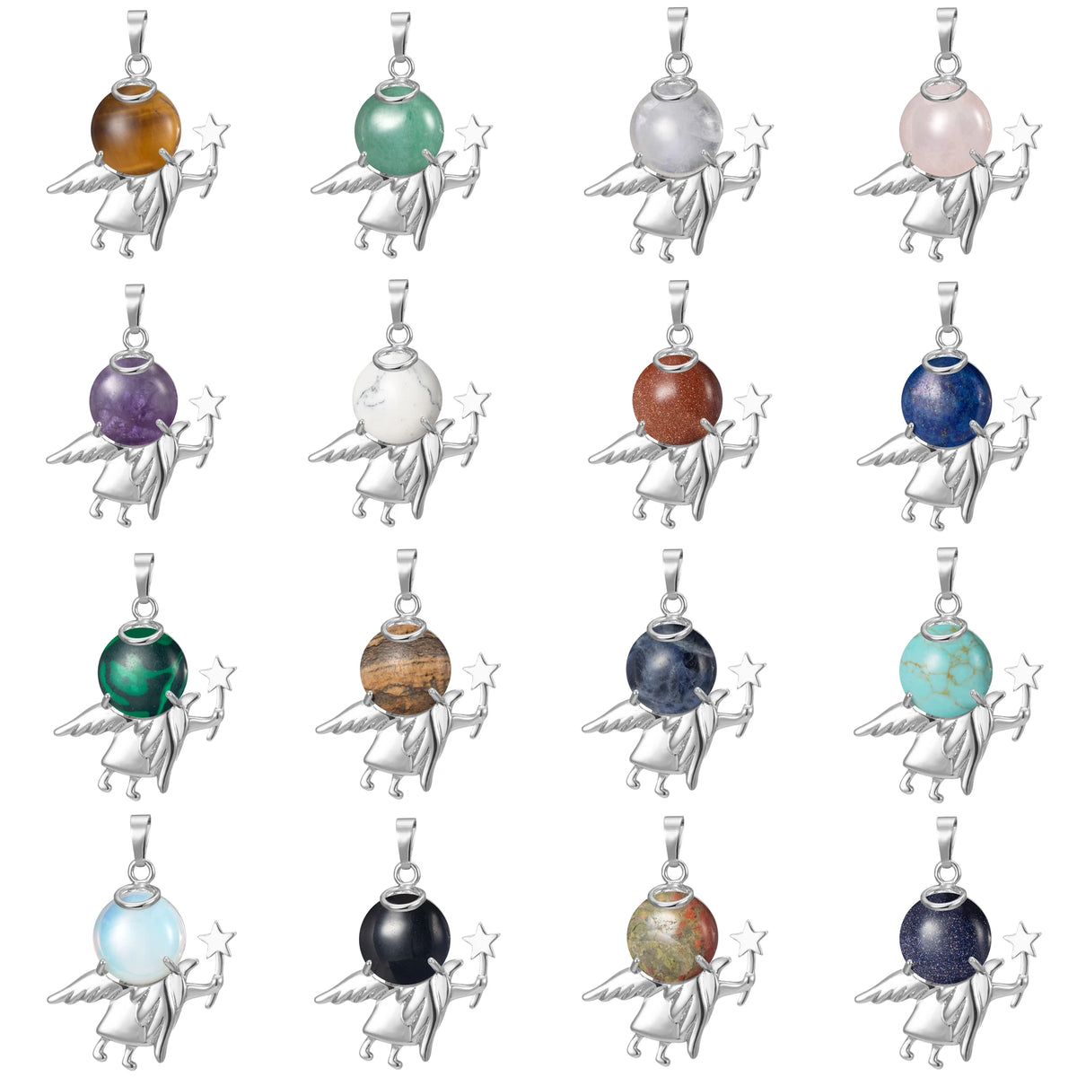Angel Holding Natural Crystal Ball Pendant Necklace, Silver‑Plated Metal Angel Figurine Spherical Gemstone Charm Reiki Healing Spiritual Jewelry for Women Gift