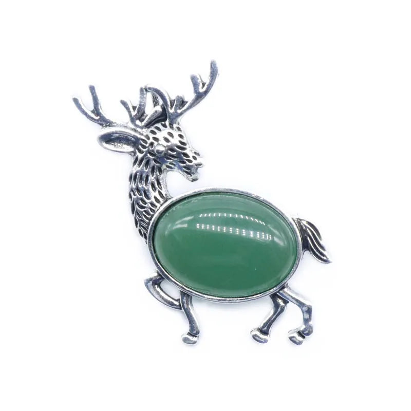 Vintage Deer Stag Natural Crystal Pendant, Antique Silver Alloy Animal Elk Inlaid Oval Cabochon Gemstone Pendant, Chakra Reiki Healing DIY Necklace Jewelry Making Charm