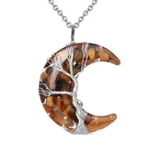 Natural Stone Tree of Life Moon Necklace • Silver Wire Wrapped Crescent Moon Crystal Pendant • Healing Chakra Celestial Jewelry Gift for Women Men