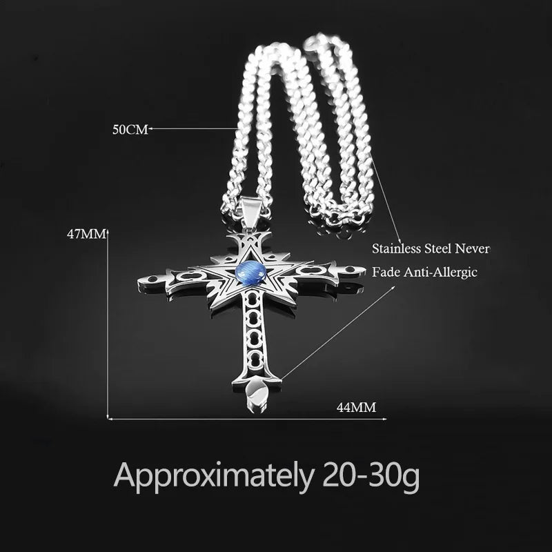 4MM Gemstone Cabs Stainless Steel Cross Pendant Necklace Jewelry for Women Men