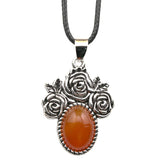 Silver Rose Flower Oval Gemstone Necklace 45CM Black Cord SN1503  10X14mm Stone Cab Pendant Jewelry