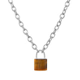 Natural Healing Crystal Lock Pendant Necklace, 20-inch Alloy Chain Chakra Gemstone Jewelry