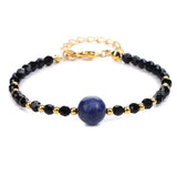4mm Faceted Black Crystal Beaded Bracelet with 10mm Natural Stone Center Bead Gold Plated Adjustable Extension Chain Chakra Healing Bracelet for Women