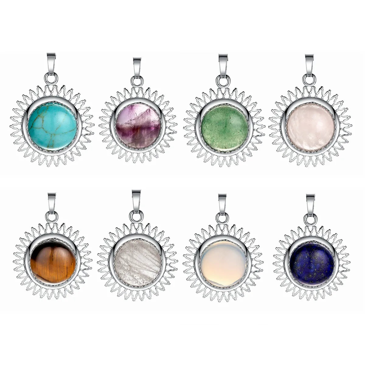 Sunburst Round Natural Gemstone Pendant, Silver Plated Sun Ray Frame Round Cabochon Crystal Stone Pendant Reiki Chakra Healing Charm for DIY Necklace Jewelry Making