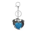 Vintage Silver Dragon Heart Crystal Keyring | Natural Stone Healing Quartz Pterosaur Charm Keychain for Purse, Backpack, Car Keys