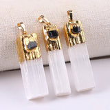 Natural Selenite & Raw Amethyst Pendant | Gold Plated Gypsum Strip Charm for Unisex Crystal Jewelry