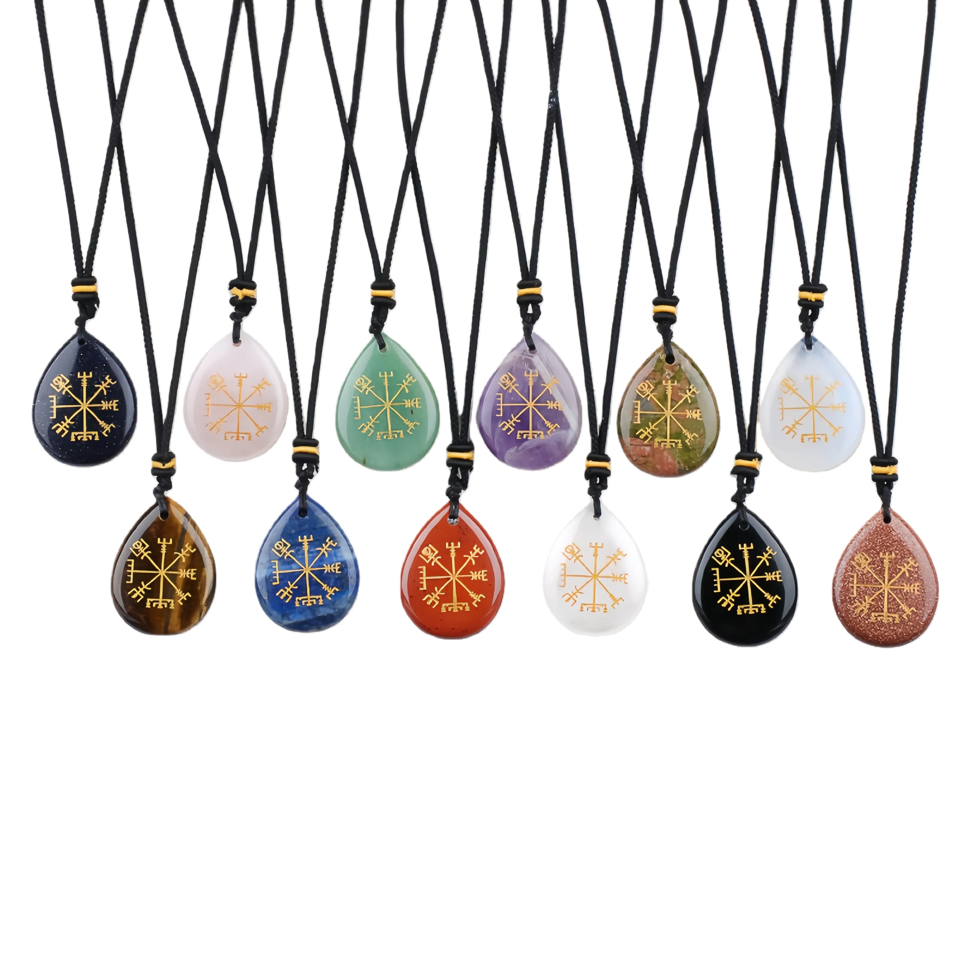 Norse Viking Compass Pendant | 33mm Natural Teardrop Crystal Necklace Vegvisir Protection Amulet