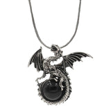Epic Fantasy Dragon Orb Necklace Set - Punk Rock Biker Winged Dragon Guardian Crystal Pendant with 45cm Snake Chain