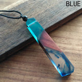 Creative Tie Shape Natural Wood Pendant Necklace, Three‑Color Red Blue Wood Splicing Pendant with Adjustable Black Cord, Handmade Boho Unisex Jewelry