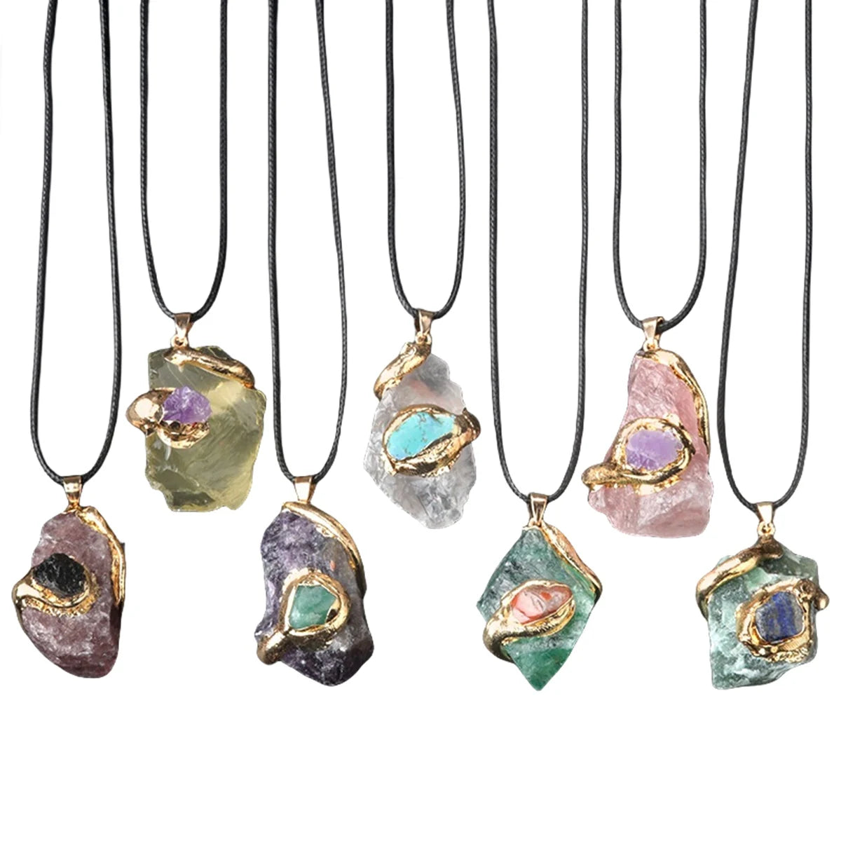 Wholesale Super Large Raw Crystal Pendant | Gold Wrapped Irregular Stone Necklace with Multi-Color Gem Accent