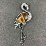 Vintage Silver Flamingo Brooch Pendant Inlaid Natural Gemstone, Multi Crystal Bird Animal Pin Convertible Necklace for Women Boho Fashion Jewelry