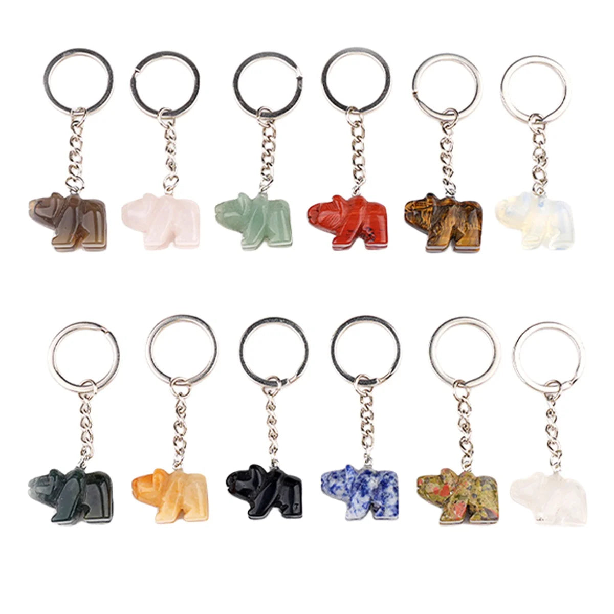 Cute Hand-Carved Natural Stone Polar Bear Keychain - Gemstone Crystal Animal Totem Keyring Backpack Purse Charms Gift