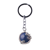 Vintage Dragon Encircled Natural Gemstone Keychain, Silver Plated Dragon Wrap Round Crystal Key Ring, Multi‑Color Stone Bag Pendant Accessory